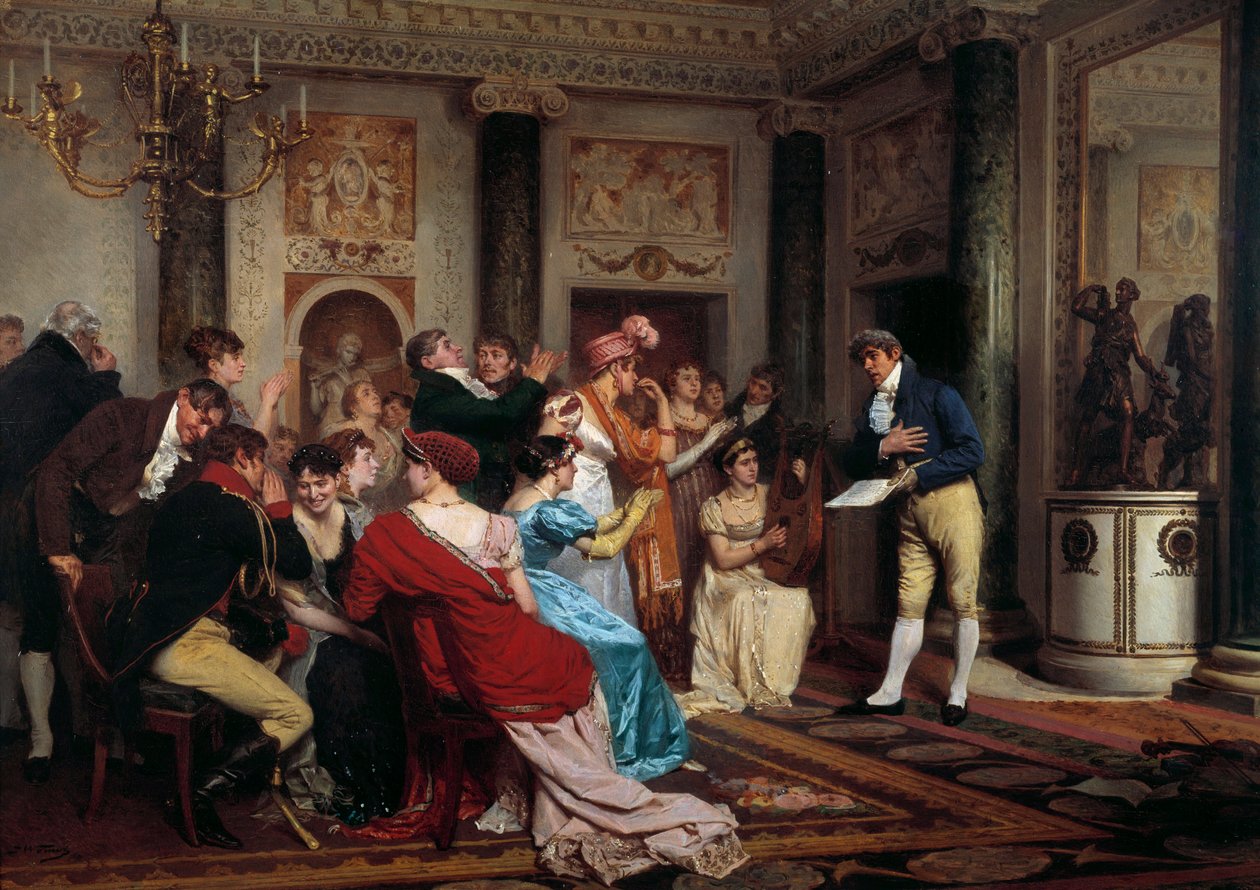 Romantikk er fasjonabelt Å lese et teaterstykke i en parisisk salong. (Salon Litteraire) Maleri av Jules Worms (1832-1914) Paris fra 1800-tallet, Palais du Luxembourg av Jules Worms