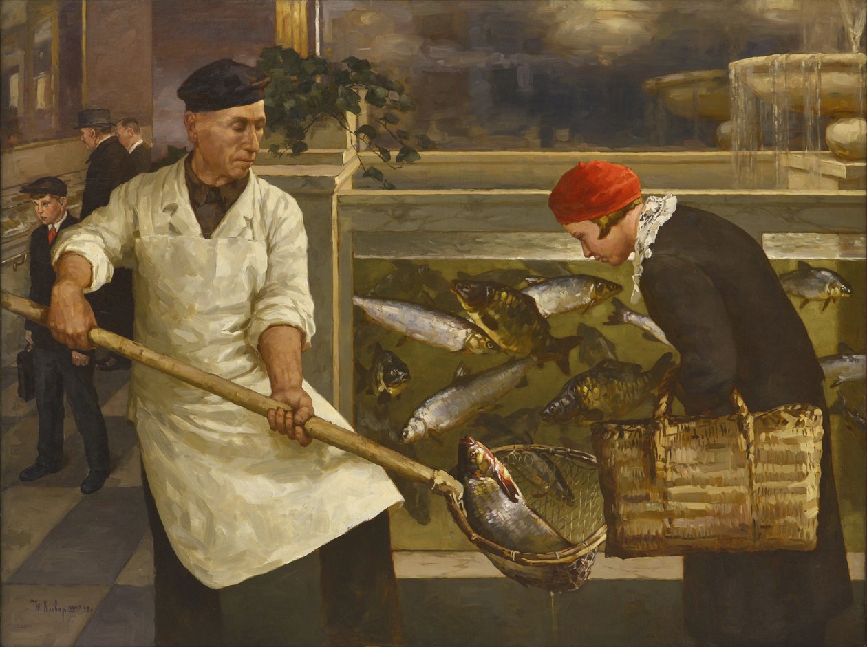 I en fiskebutikk av Klever, Juli Julievich, den yngre (1882-1942). Olje på lerret, størrelse: 130x176 av Juli Julievich the Younger Klever