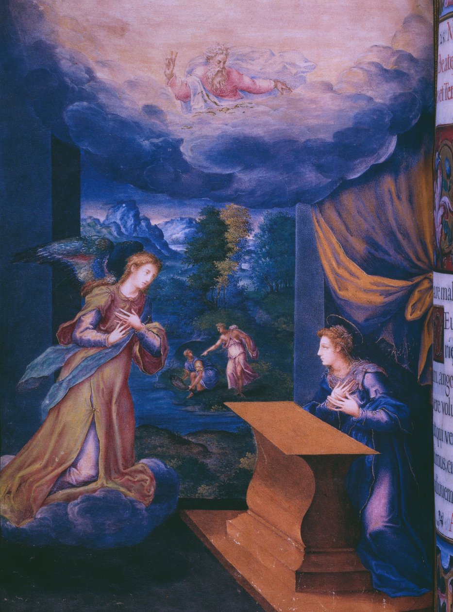 Fol.5v, Annunciation, fra en faksimile av Breviary of King Philip II of Spain, 1569 (pergament) av Julian and Leon, Andres de Fuente del Saz
