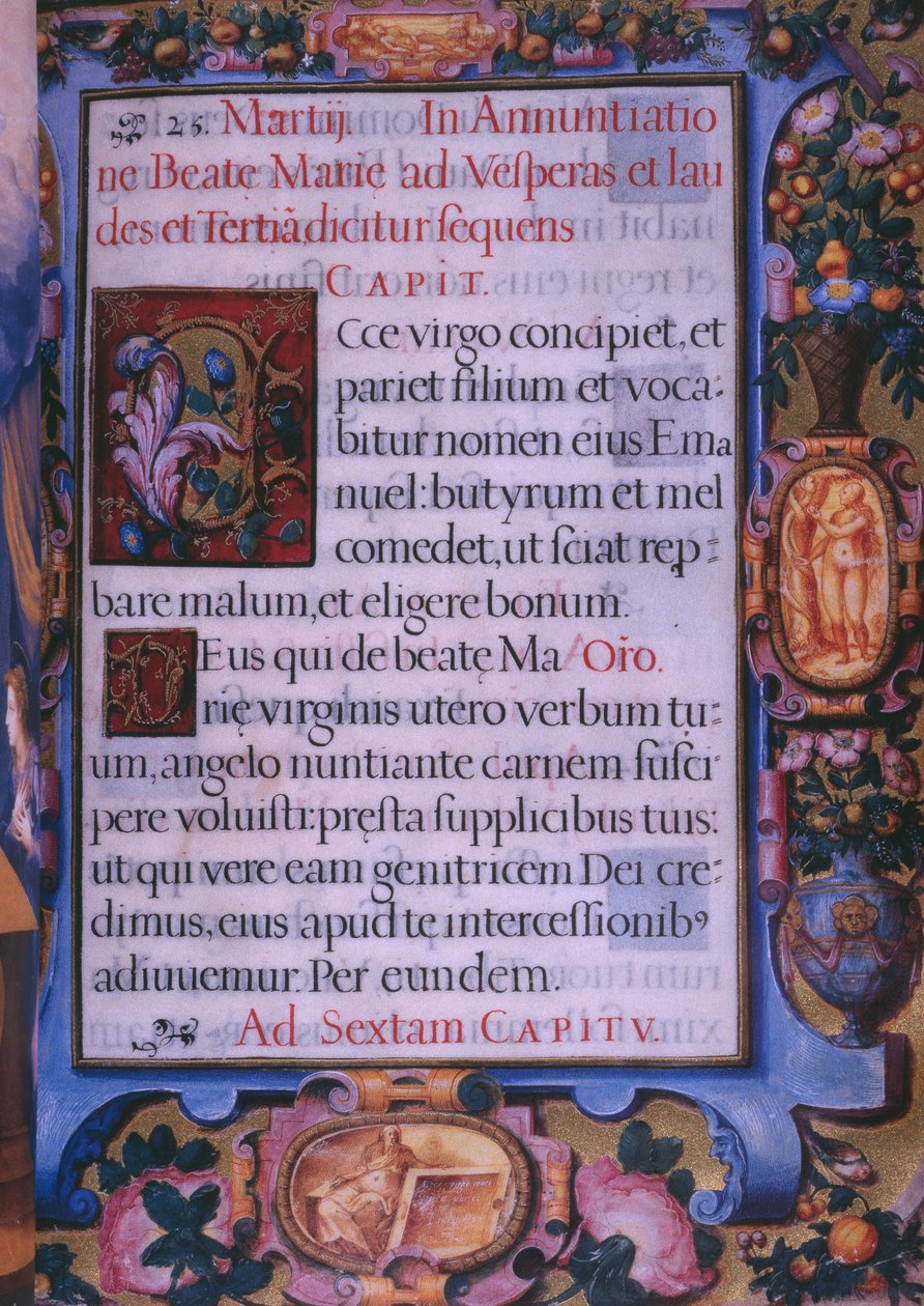 Fol.6r, helside av kunngjøringen 5. kapittel, fra en faksimile av Breviary of King Philip II of Spain, 1569 (pergament) av Julian and Leon, Andres de Fuente del Saz