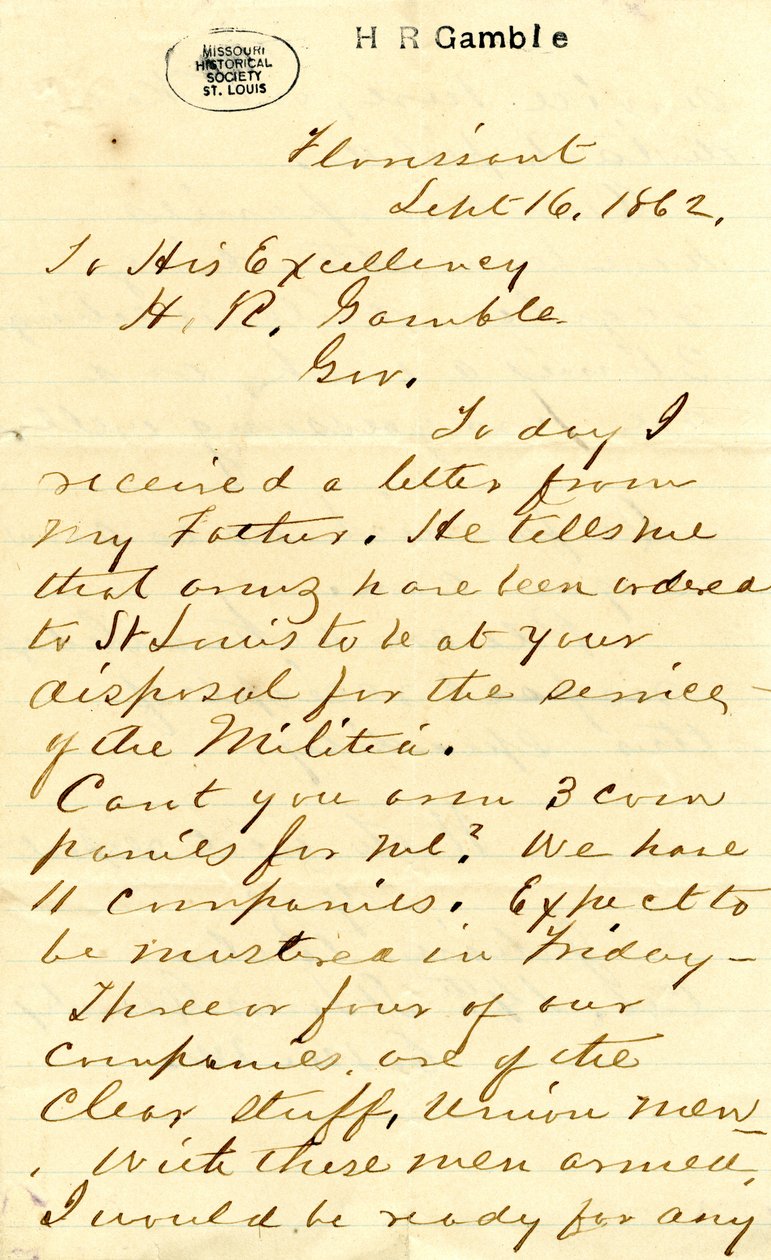 Brev signert Julian Bates, Florissant, til Hans Excellence H.R. Gamble, 16. september 1862 av Julian Bates
