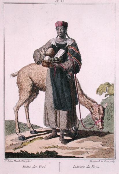 Peruansk indisk, gravert av Juan de la Cruz (farget gravering) av Julian Davila