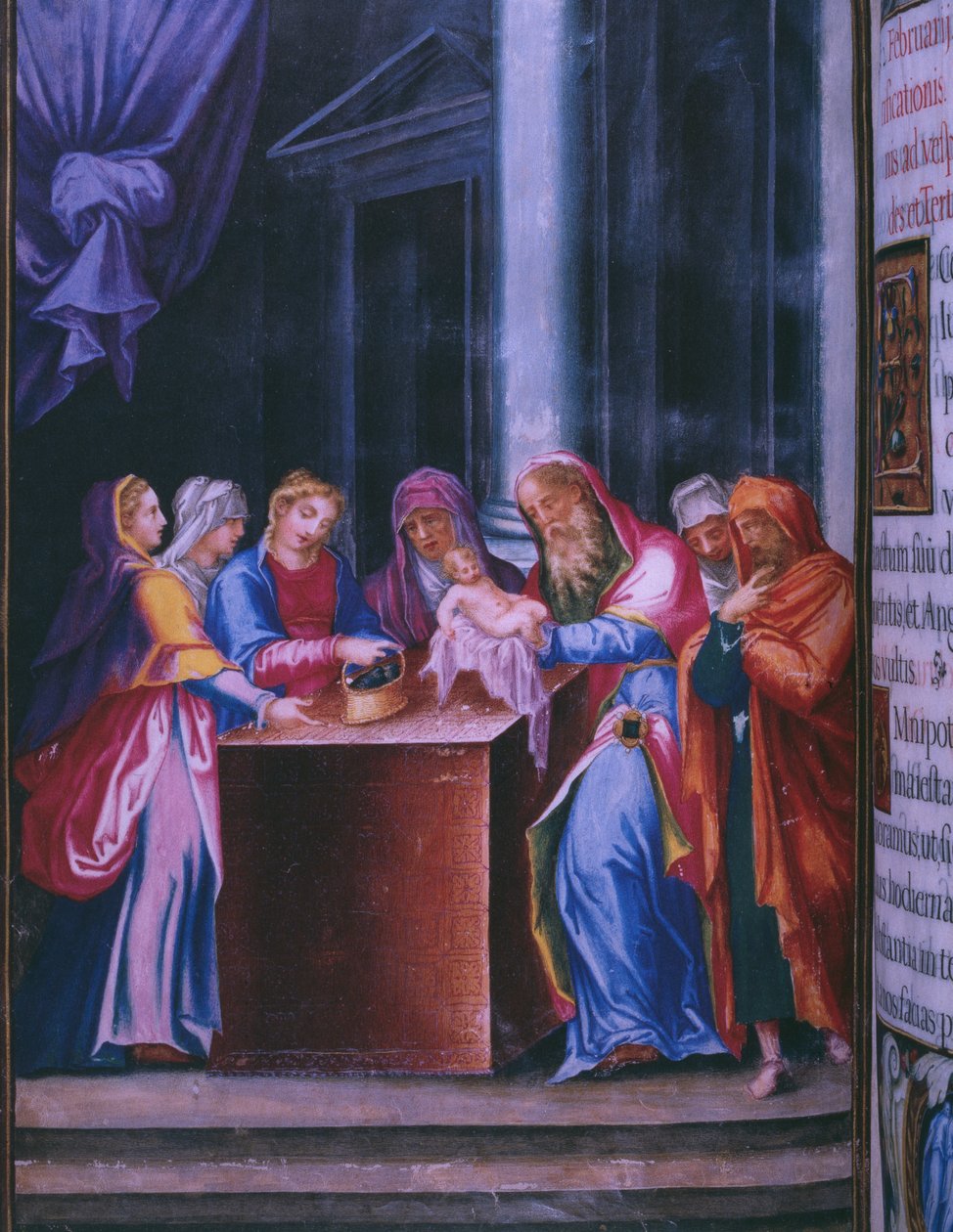 Presentasjon i tempelet, fra en faksimile av breviaret til kong Filip II av Spania, 1569 (pergament) av Julian and Leon, Andres de Fuente del Saz