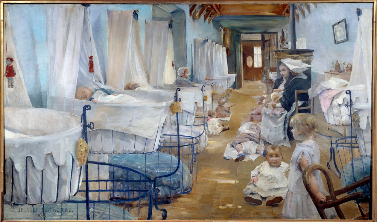 Les crceaux, barnehage for offentlig hjelp Maleri av Julie Delance Feurgard (1859-1892) 1888 Brest, Museum of Fine Arts - The Cradles, sykehjem, Offentlig bistand. Maleri av Julie Delance Feurgard (1859-1892) av Julie Delance Feurgard