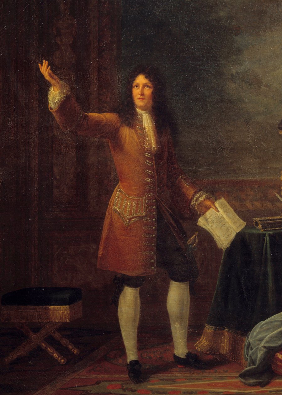 Jean Racine (1639-1699) leste skuespillet sitt foran kongen av Frankrike. Detalj av maleriet "" Jean Racine (1639-1699) som leser "" Athalie"" før Louis XIV (1638-1715) og Francoise d