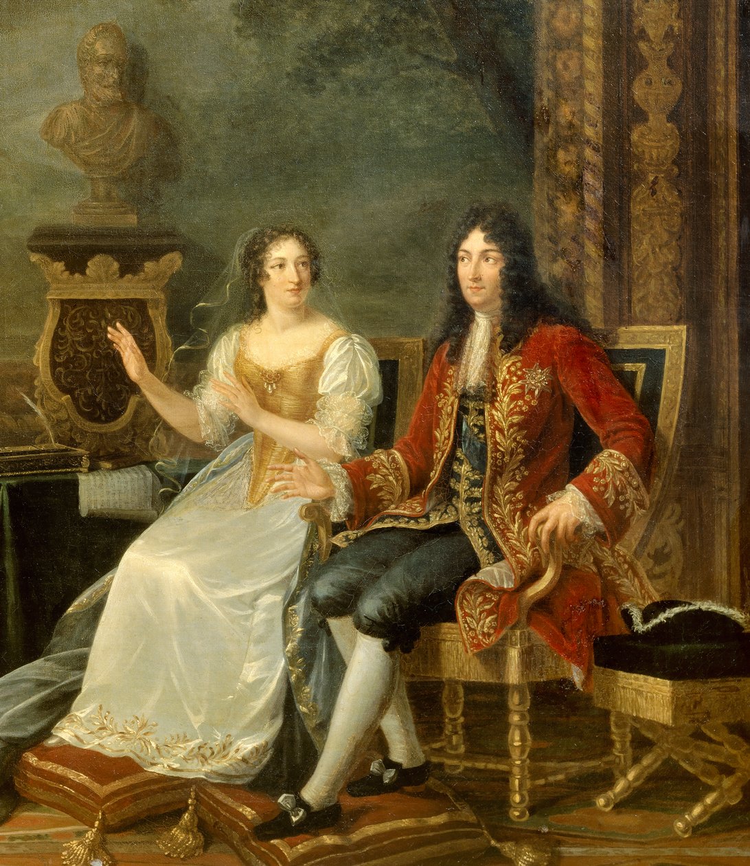 Konge av Frankrike Ludvig XIV med Madame de Maintenon. Detalj av maleriet "" Jean Racine (1639-1699) som leser "" Athalie"" før Louis XIV (1638-1715) og Francoise d