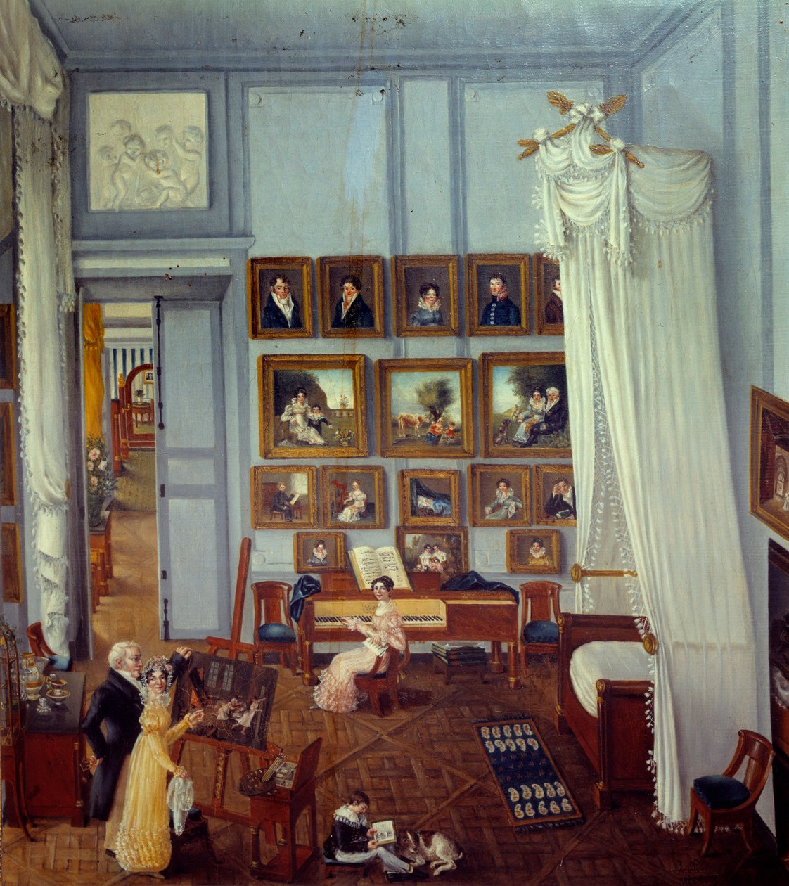 Innvendig utsikt over residensen til ridderpradelen av Saint Charles En stor himmelseng pryder rommet som brukes som verksted. Et barn spiller og en ung kvinne står foran et piano. Maleri av Julie Pradel (1800-tallet) 1820 Privat samling av Julie Pradel