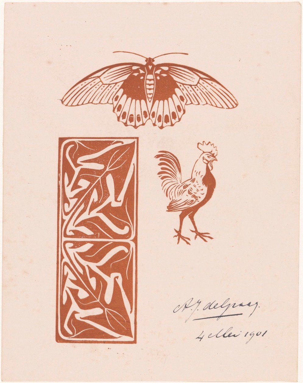 Sommerfugl-, hane- og bladarbeid av Julie de Graag (signed by artist)