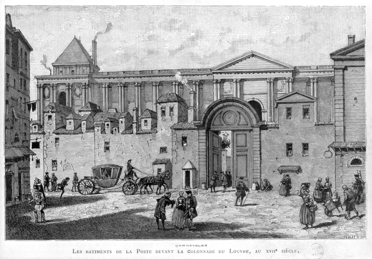 Paris postkontor foran søylegangen til Louvre på 1600-tallet av Julien Antoine Peulot