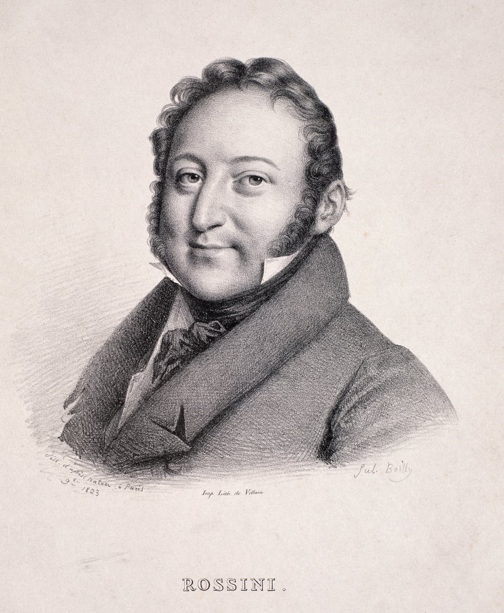Portrett av Gioacchino Rossini (1792-1868) gravert av Villain, 1823 av Julien Leopold Boilly