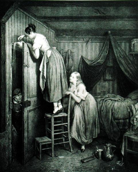 The Nosy Parker Punished, gravert av Alphonse Leon Noel (1807-84) (trykk) av Julien (after) Vallou de Villeneuve
