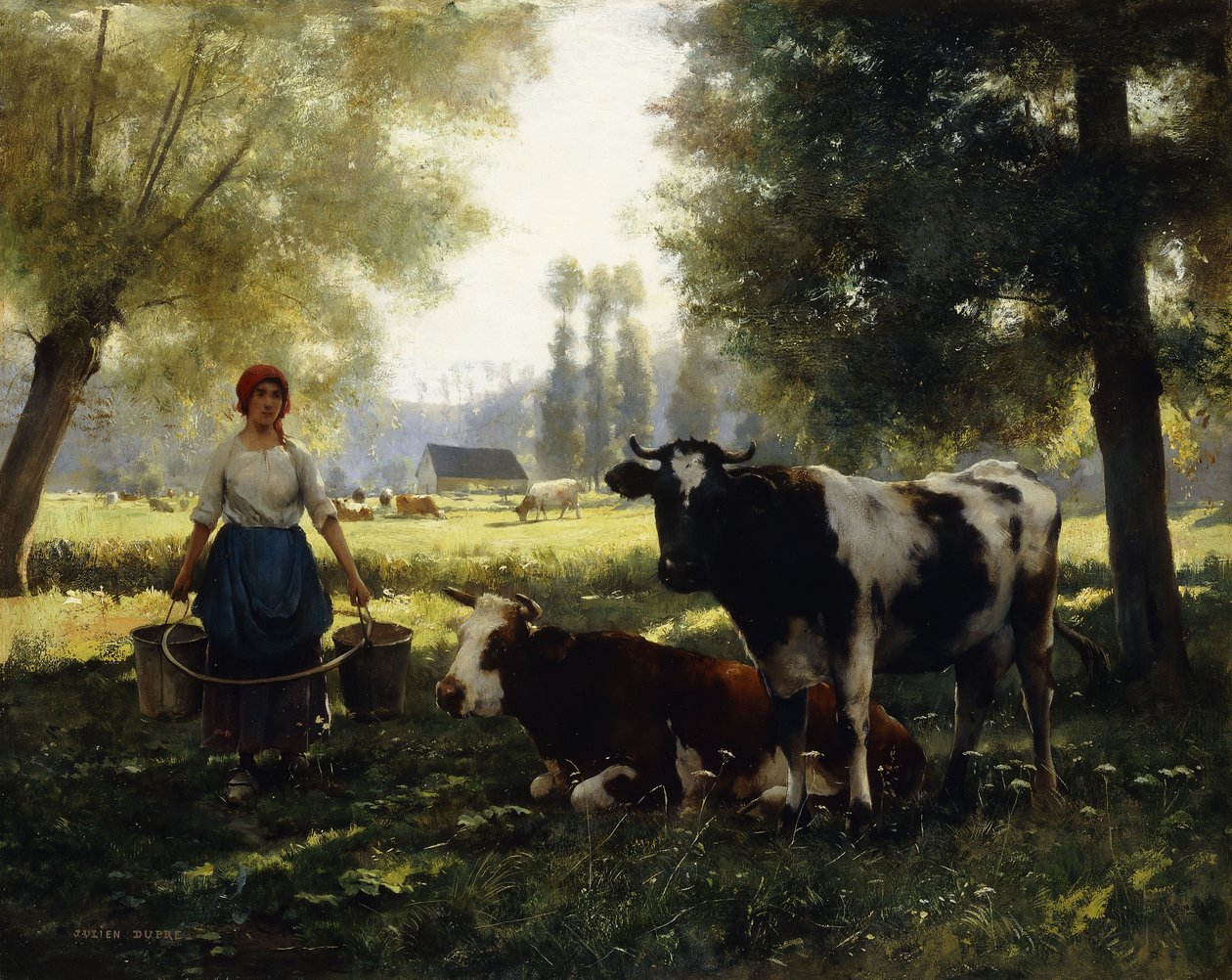 En melkepike med kuene sine på en sommerdag av Julien Dupre