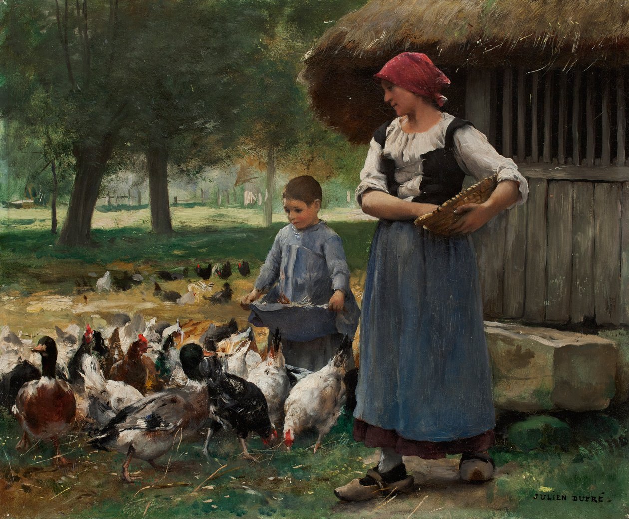 Farm Girl mater kyllinger (olje på lerret) av Julien Dupre