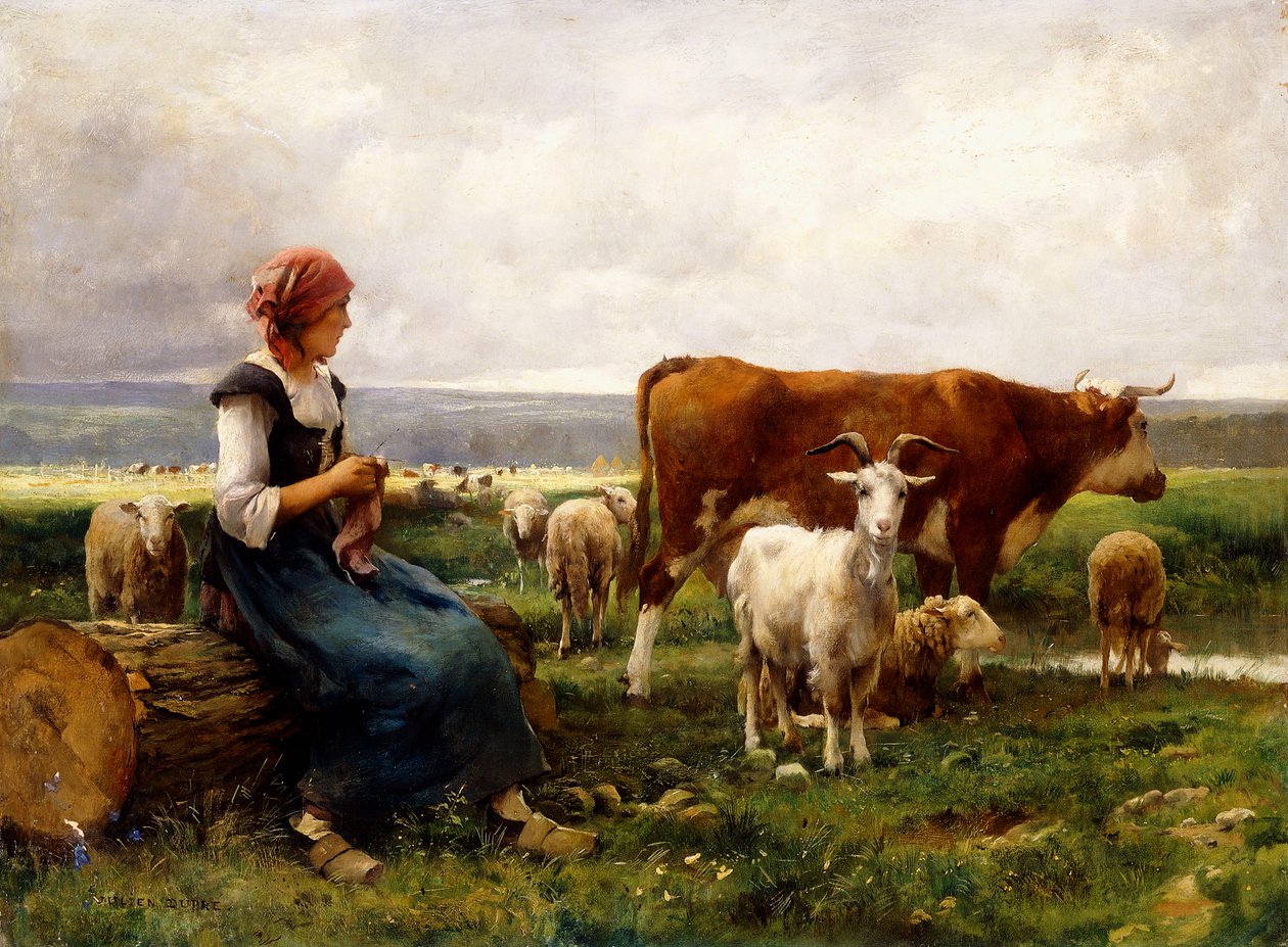 Gjeterinne med kuer og geiter, av Julien Dupre