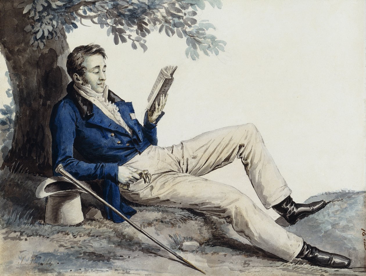 En ung mann som leser under et tre, av Julien Leopold Boilly
