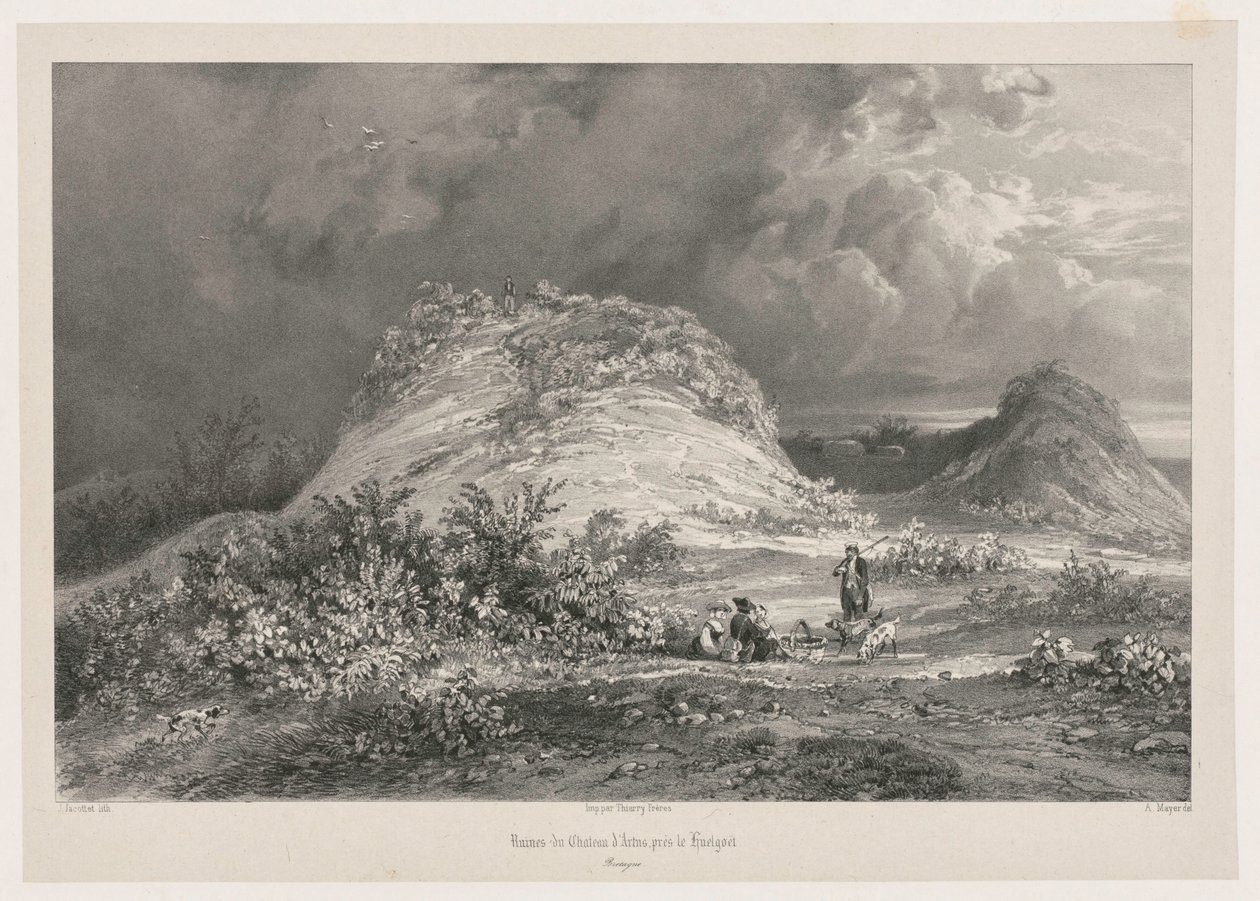 Ruinene av Chateau dArtns nær Huelgoat, Bretagne, 1845-1846. av Julien Louis Jacottet