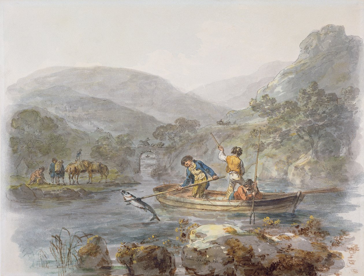Salmon Spearing (grafitt, blekk og wc på papir) av Julius Caesar Ibbetson