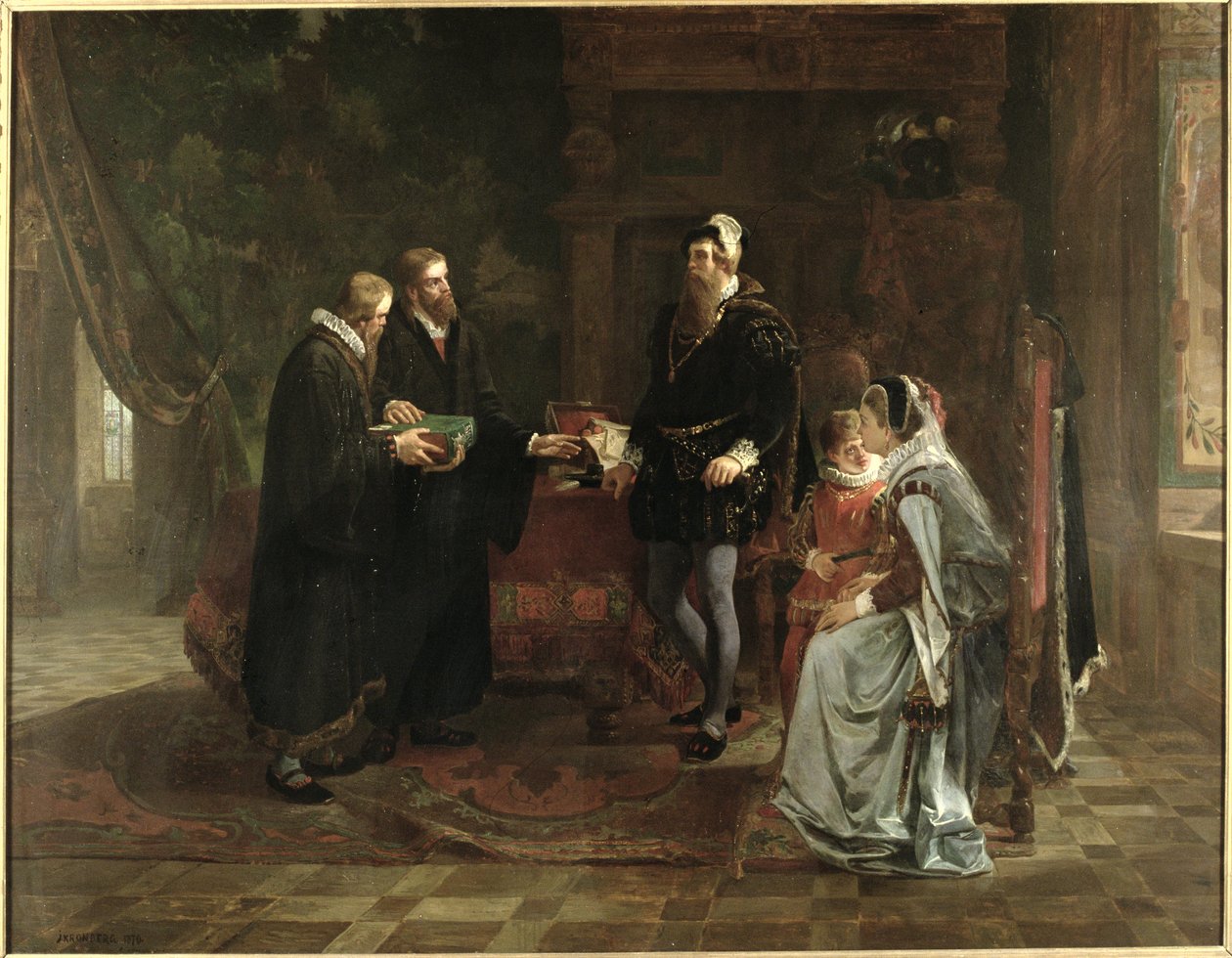Kong Gustav I Vasa (ca. 1496-1560) av Sverige mottar den svenske oversettelsen av Bibelen, 1870 av Julius Kronberg