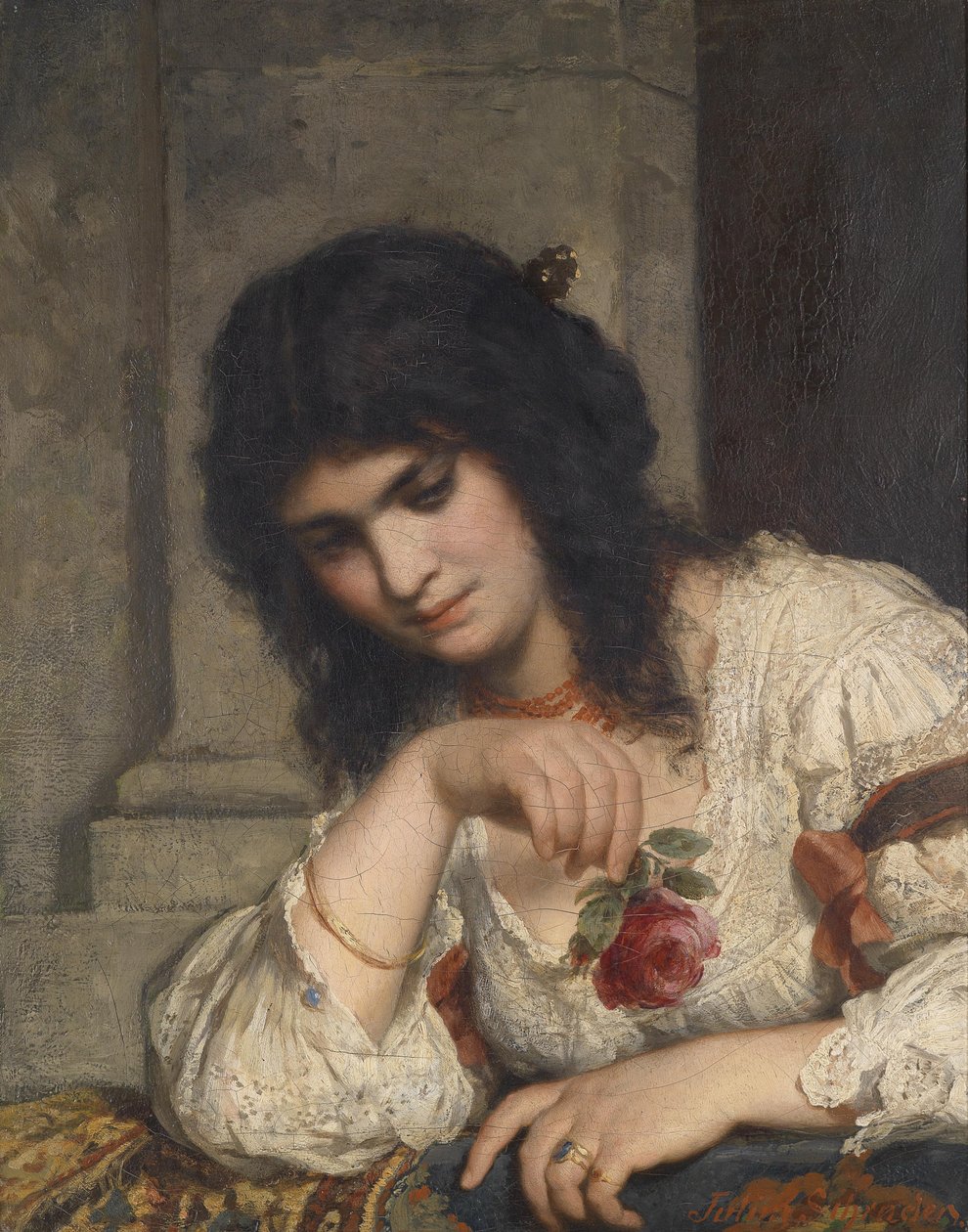 Dame ved brystningen med en rose av Julius Schrader