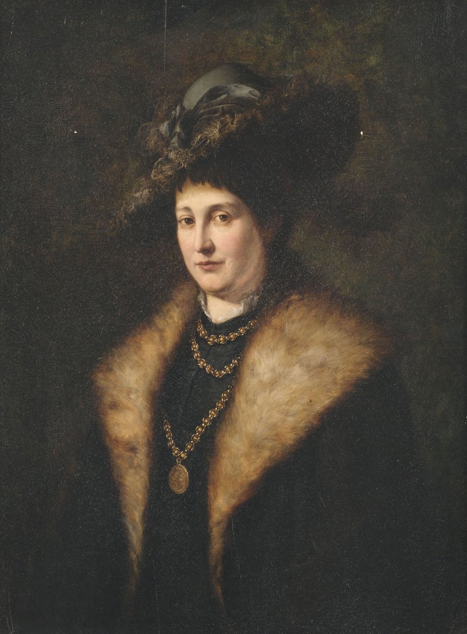 Portrett av en dame i en mørk kjole med pels-trimmet kåpe og hatt av Julius Victor Carstens