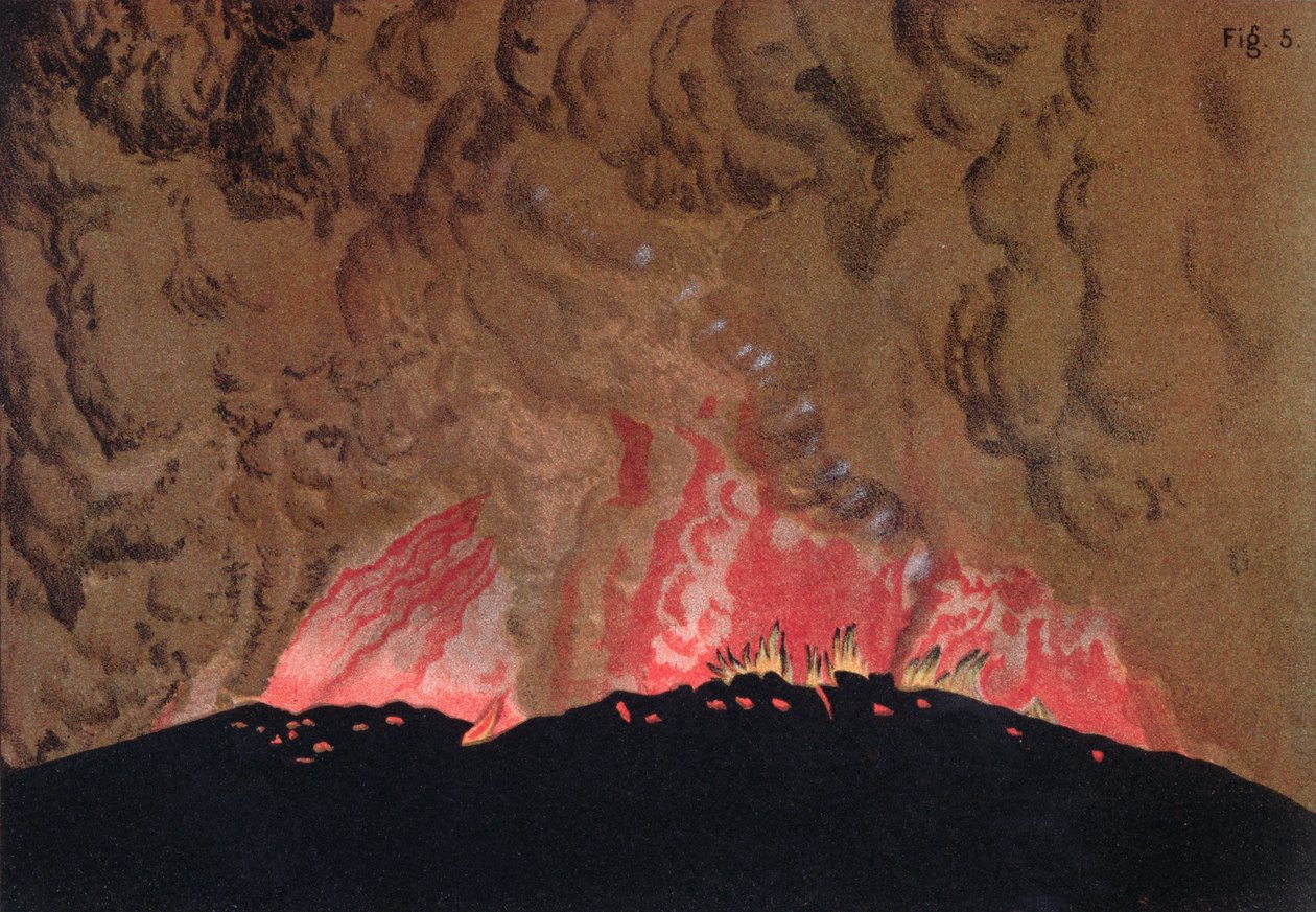 Aphroessa og Georgios lavastrømmer under et utbrudd av Santorini-vulkanen, illustrasjon fra Etudes sur les Volcans av kunstneren, gravert av Druck og Arnold, 1881 av Julius or Jules Schmidt