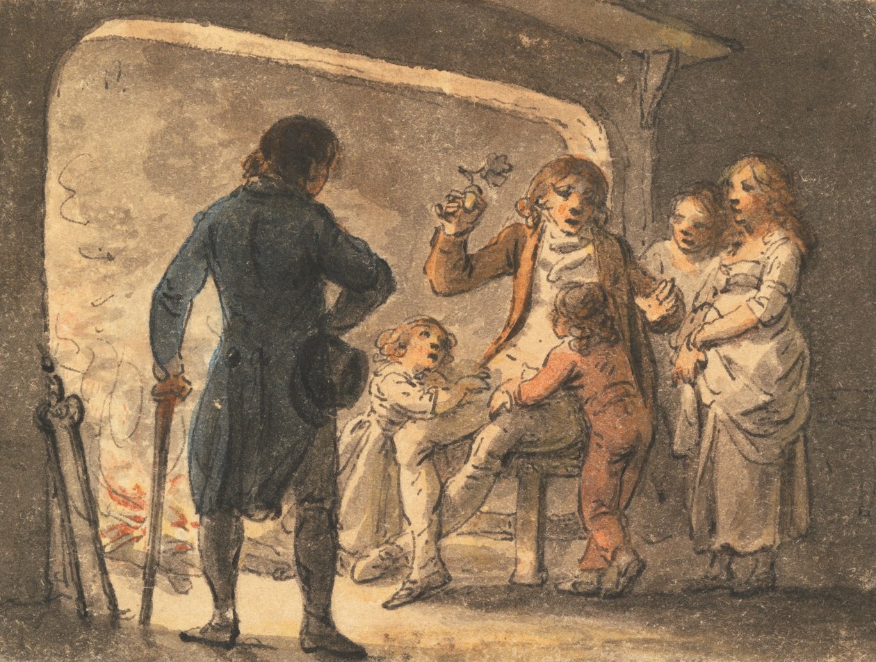 Ild på peisen, faren forteller historien til barna sine av Julius Caesar Ibbetson