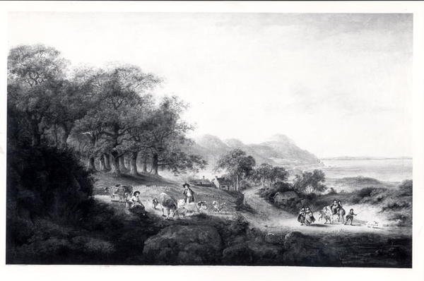 Distant View of Anglesea (olje på lerret) (svart-hvitt-trykk) av Julius Caesar Ibbetson