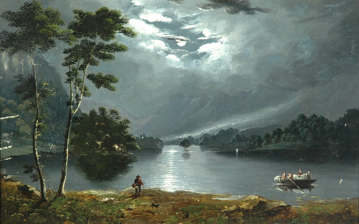Ferge, Windermere, ser nordover og innsjøen i måneskinn av Julius Caesar Ibbetson