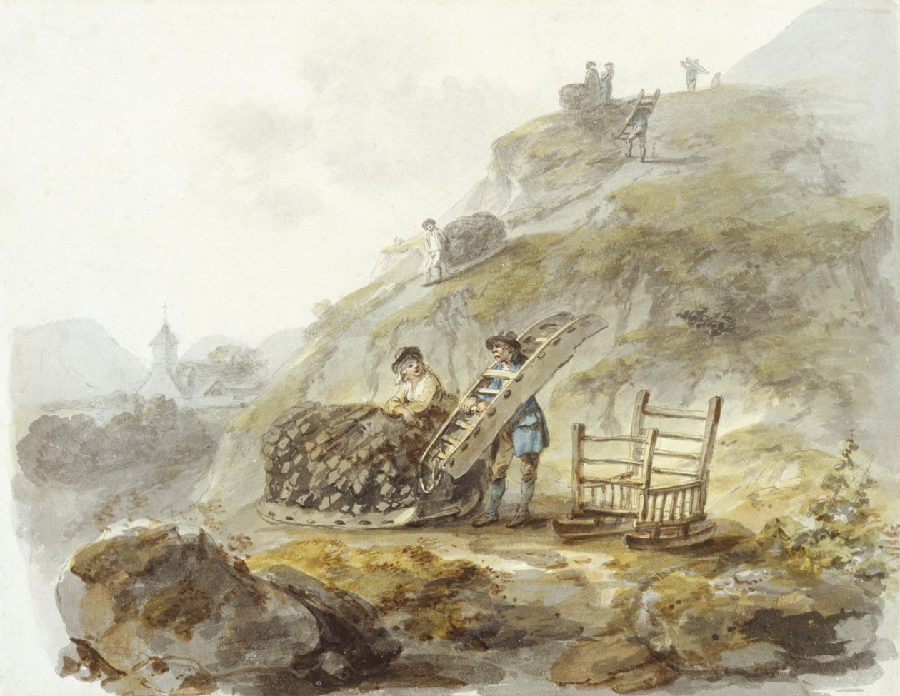 Metode for å utvinne torv fra åser nær Mallwyd, ca. 1792 (akvarell, blekk og blyant på papir) av Julius Caesar Ibbetson