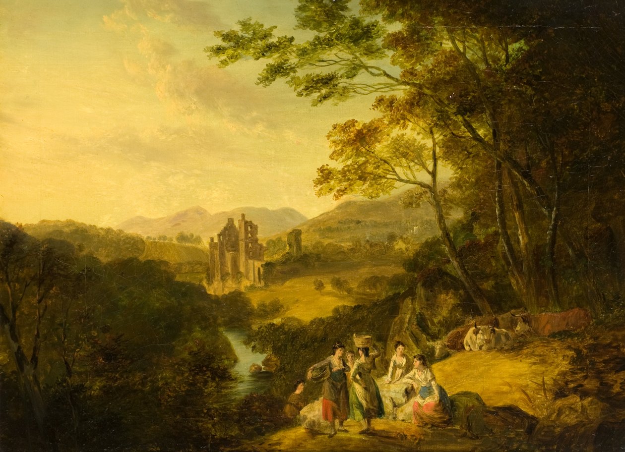 Rosslyn Castle with Washerwomen and Cattle, ca. 1800 (olje på lerret) av Julius Caesar Ibbetson