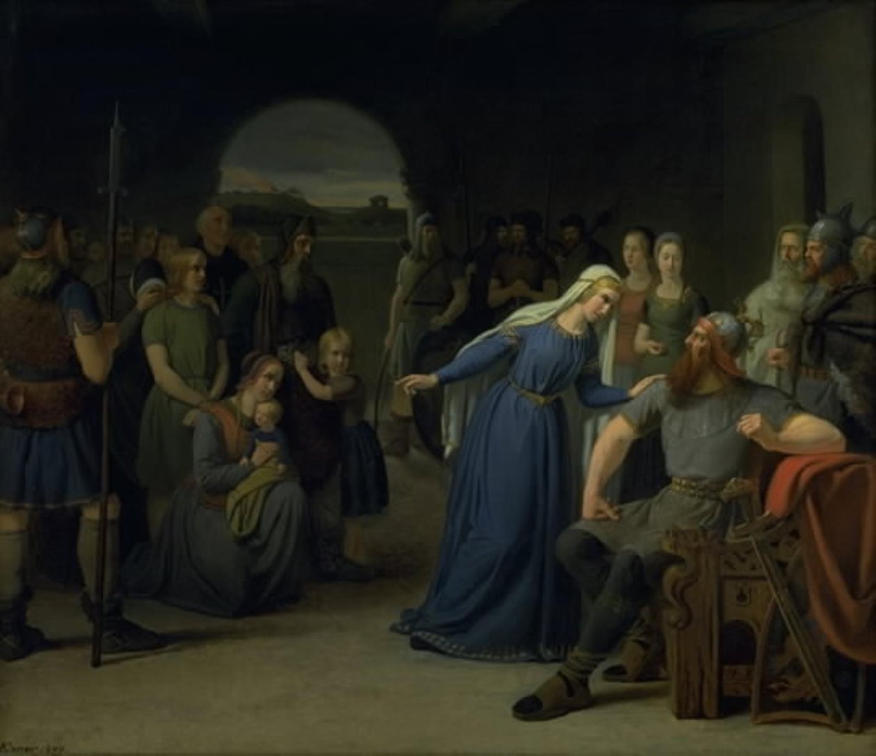 Den danske dronningen Thyra Danebod prøver å myke hjertet til ektemannen, Gorm den gamle, overfor noen kristne fanger av Julius Exner