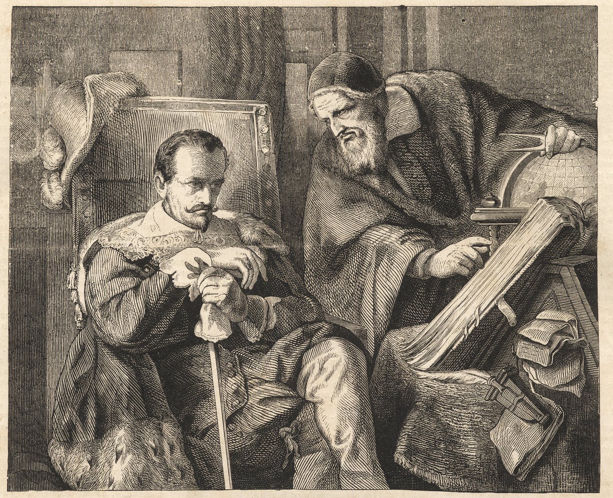 Albrecht von Wallenstein (Waldstein) (1583-1634) med astrologen Giovanni Battista Seni (Seno, Zeno, Senno Zenno) (1600-1656) etter et maleri av Julius Schrader av Julius Friedrich Anton (after) Schrader