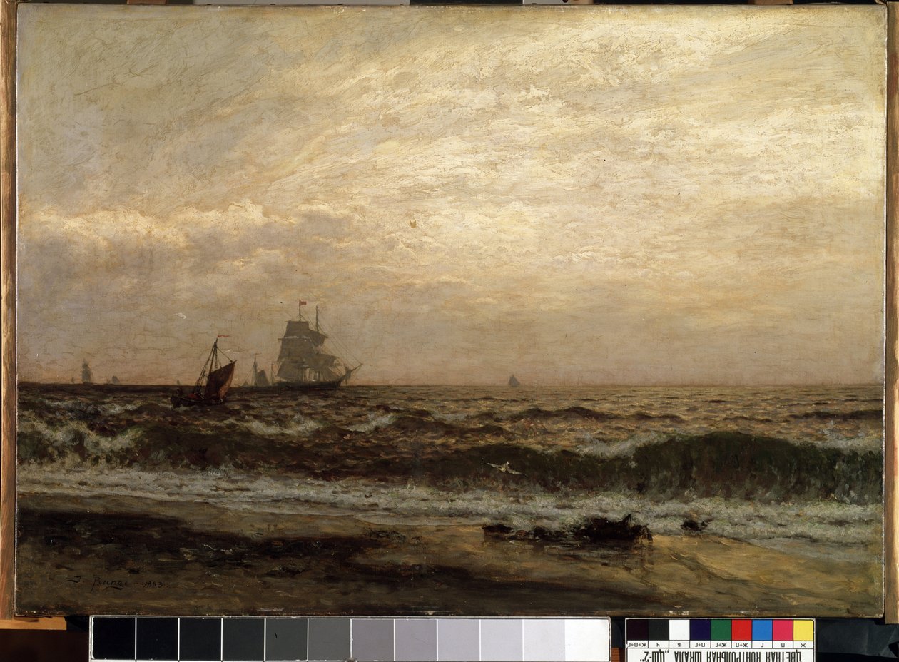 Navires sur la mer (Ships on the sea). Peinture de Julius Friedrich Runge (1843-1922). Huile sur toile, 58,5 x 83,5 cm   1410159   no       norwegian Successfully Translated  Original: Her er de plukket for alle fjer Translat: Her er de plukket for alle fj av Julius Friedrich Runge