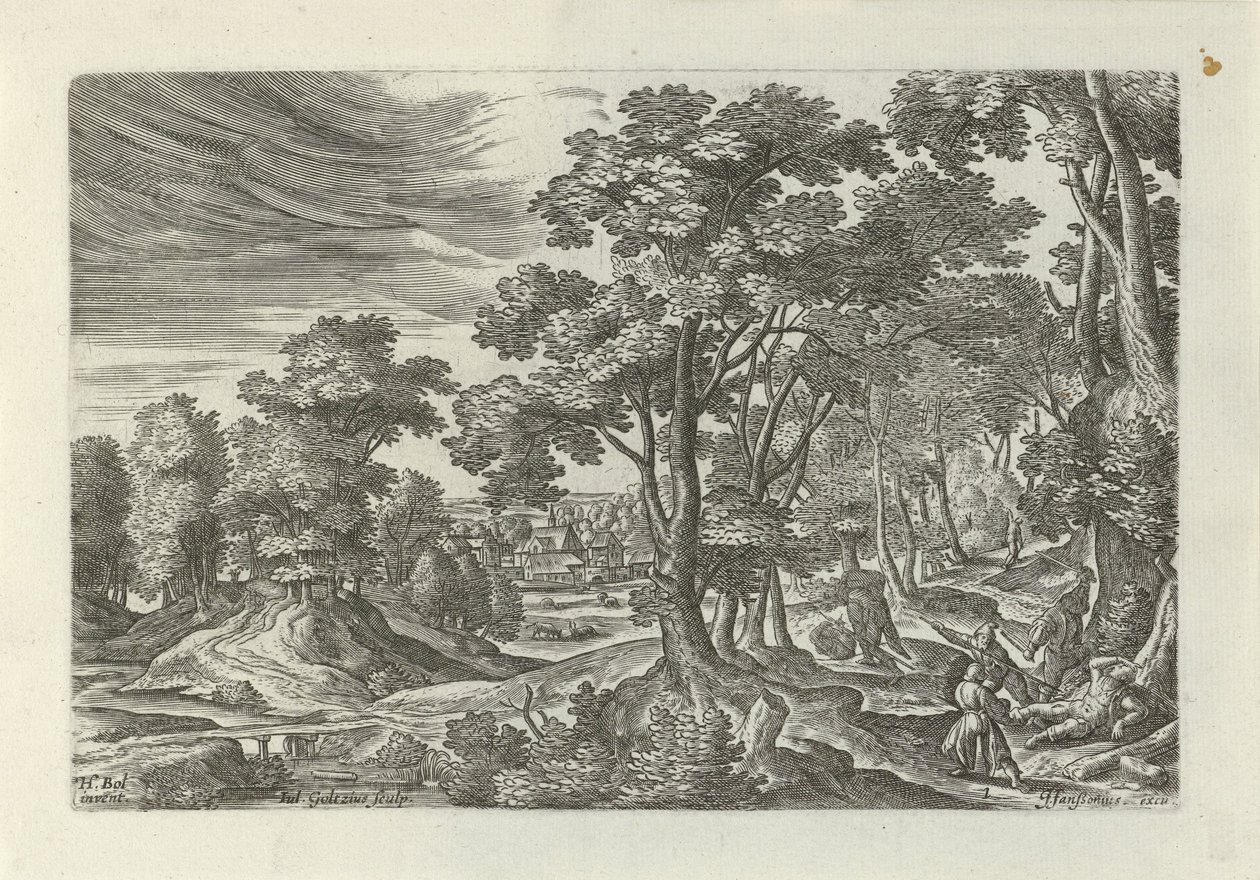 Landskap med ran på den reisende Landskap med scener fra lignelsen om den barmhjertige samaritan (serietittel) av Julius Goltzius