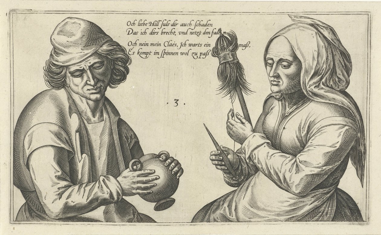 Spinnende kvinne med mannen sin Ordspill om forholdet mellom mann og kvinne (serietittel) av Julius Goltzius