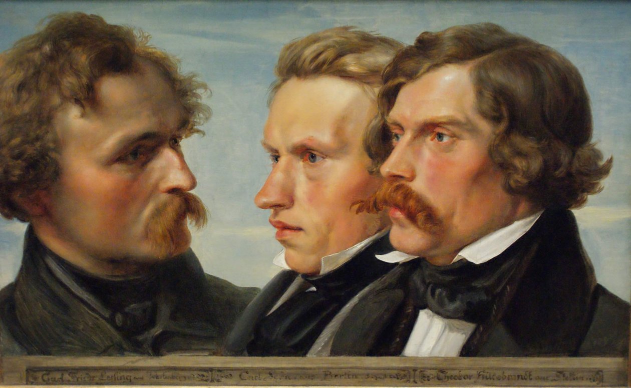 Unge Düsseldorf. Gruppeportrett av malerne Karl Friedrich Lessing, Carl Ferdinand Sohn og Theodor Hildebrandt, 1839 av Julius Huebner