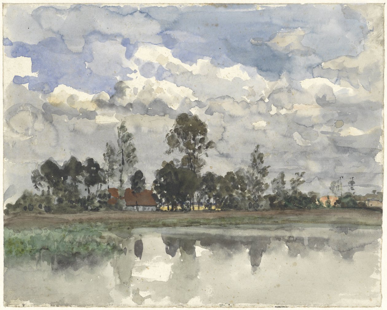 Trær som speiler seg i vannet på en overskyet himmel av Julius Jacobus van de Sande Bakhuyzen