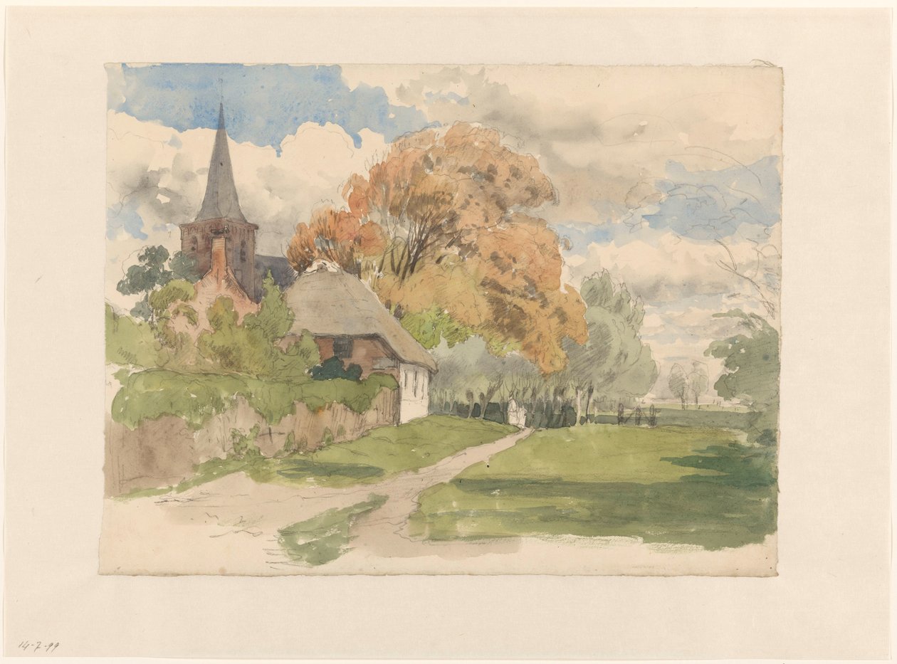 Hage ved en landsbykirke av Julius Jacobus van de Sande Bakhuyzen