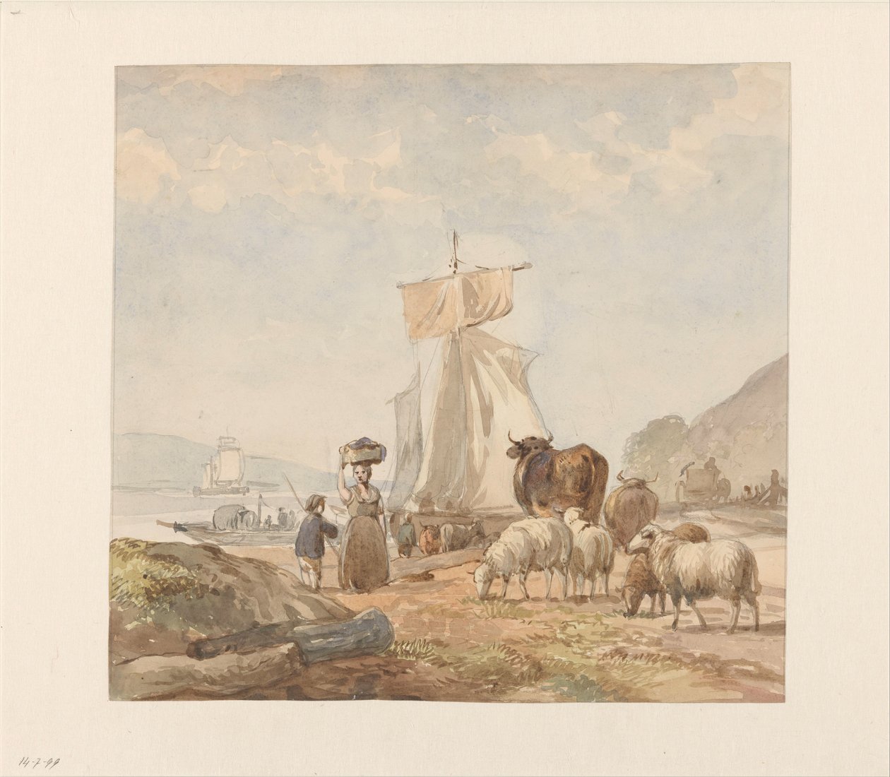 Figurer med storfe ved elvebredden med ferge av Julius Jacobus van de Sande Bakhuyzen