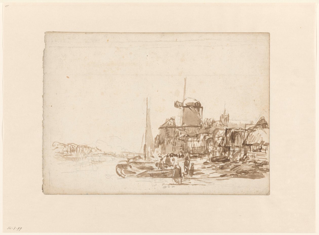 By med vindmølle på en kanal av Julius Jacobus van de Sande Bakhuyzen