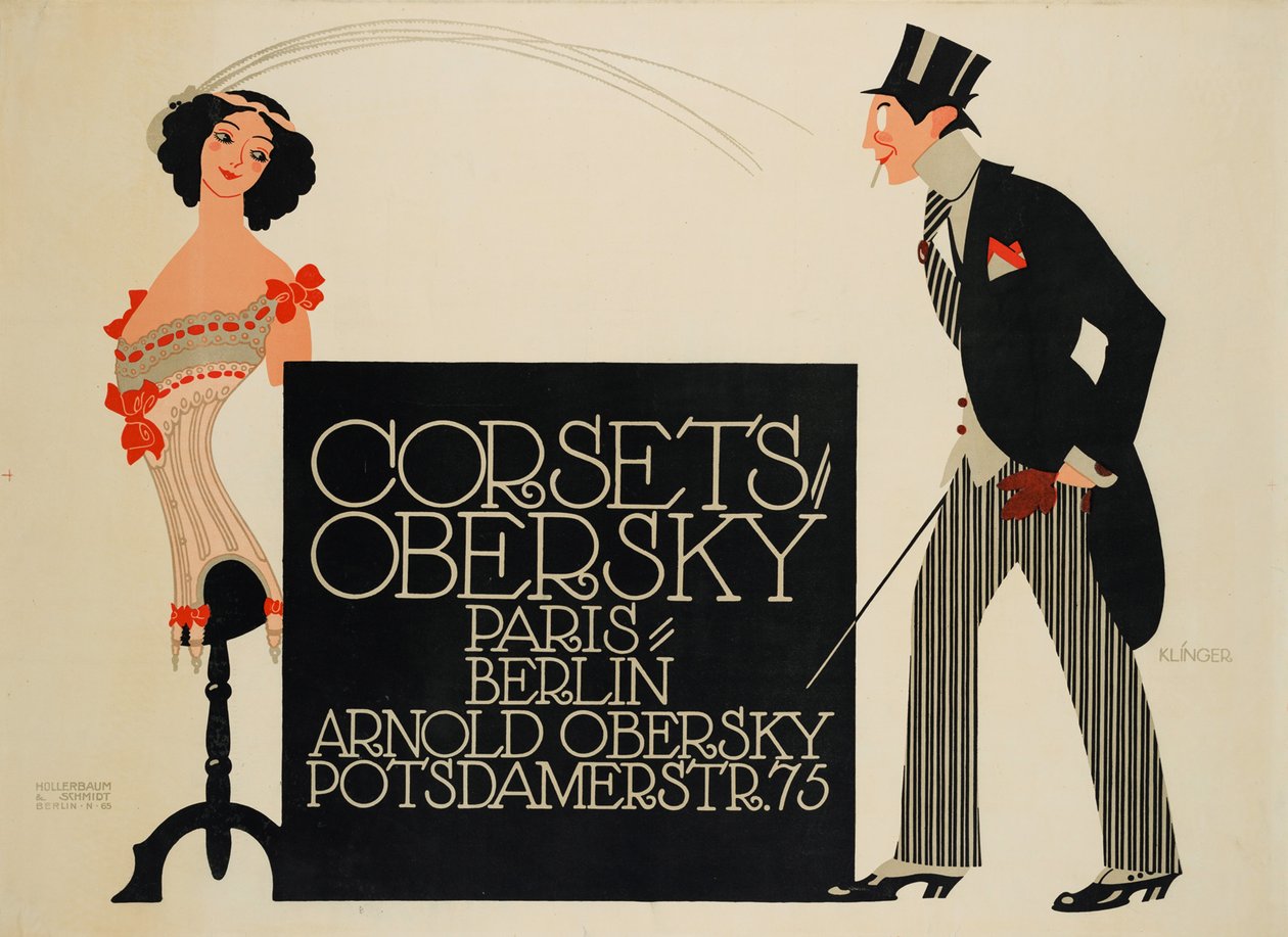 Korsetter Obersky. Paris - Berlin. Arnold Obersky, Potsdamerstr. 75, 1912. av Julius Klinger