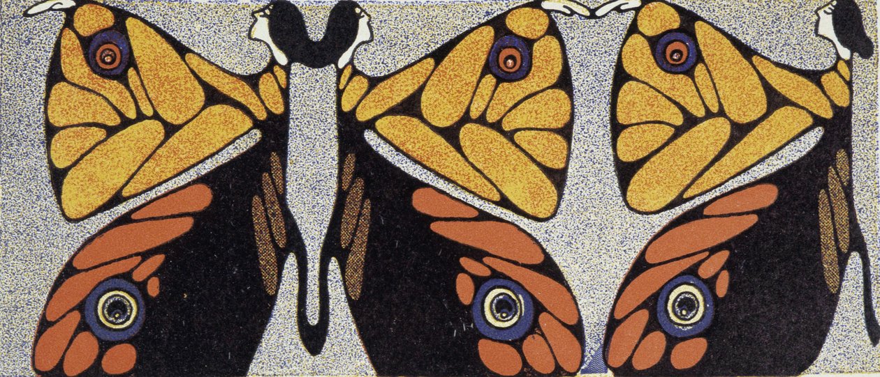 Kvinnesommerfugl (optisk illusjon) - stilisert tegning av Klinger, i "The Woman in Modern Decoration", v.1920 av Julius Klinger