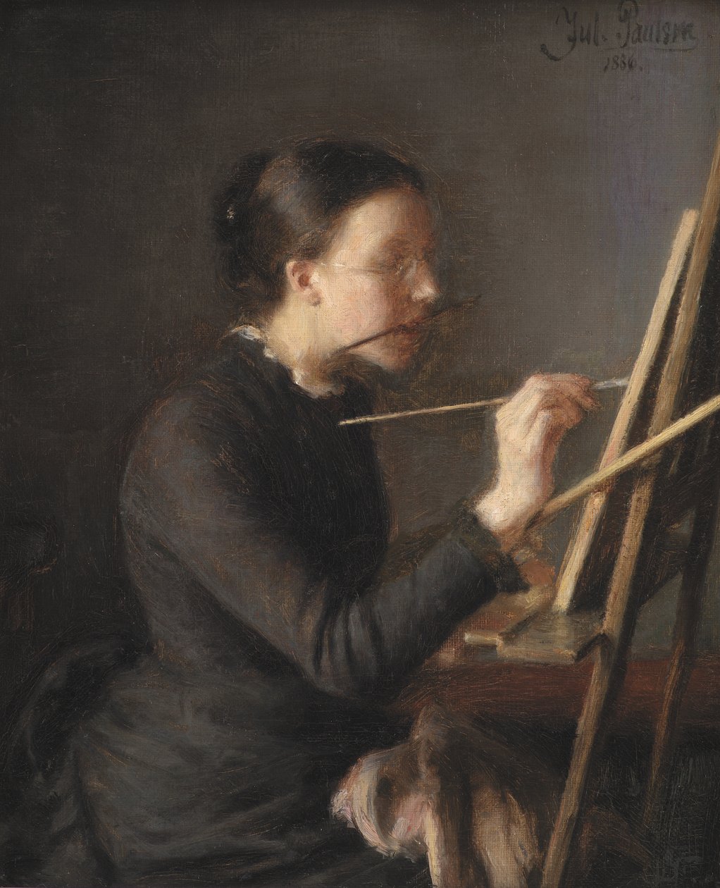 Maleren Agnes Paulsen, kunstnerens søster, ved sitt staffeli av Julius Paulsen