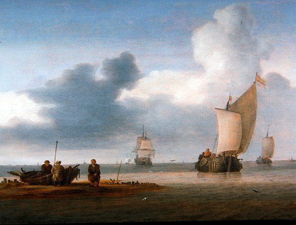 Strandscene med seilbåter og fiskere (olje på panel) av Julius Porcellis