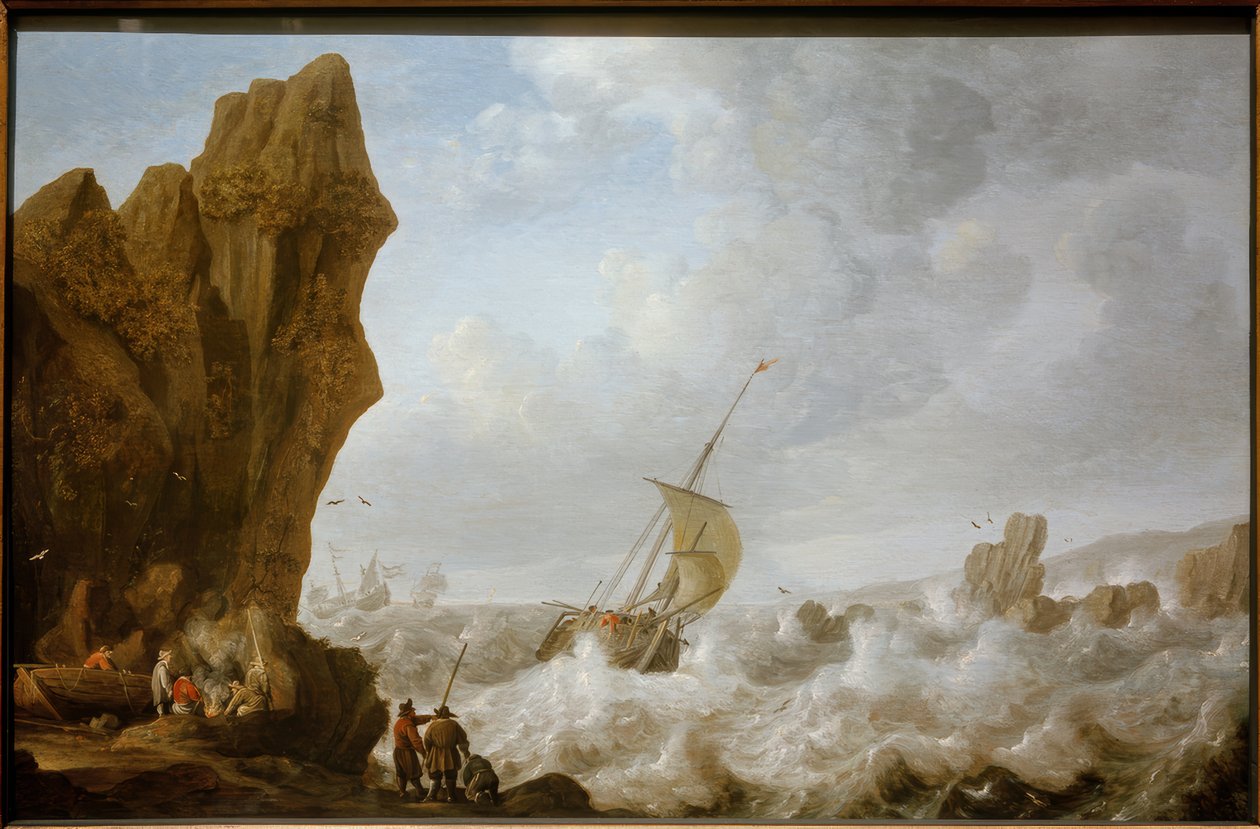 Fiskebåt i stormfullt hav utenfor en steinete kyst av Julius Porcellis