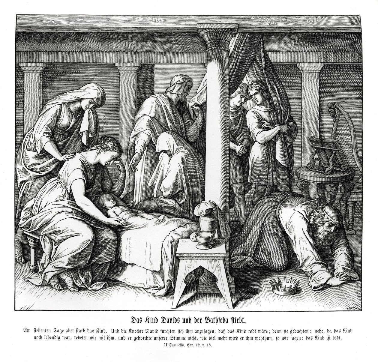 David og Batsebas barn dør, 2. Samuel av Julius Schnorr von Carolsfeld