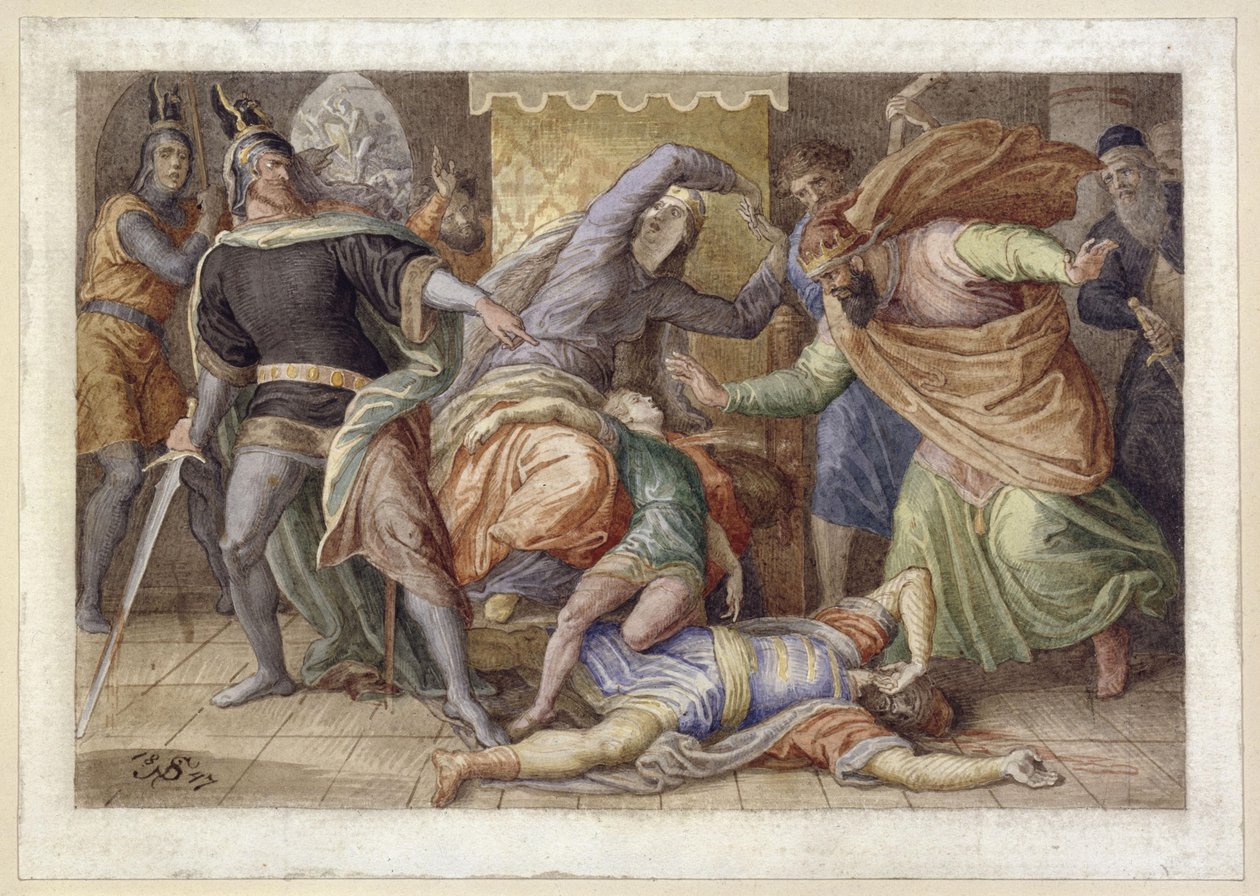Hagen dreper Ortlieb (den døende Ortlieb i Kriemhilds fang; etter Nibelungenlied) av Julius Schnorr von Carolsfeld