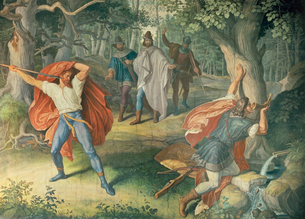 Hagen drepte Siegfried ved fontenen, Hall of Nibelungens av Julius Schnorr von Carolsfeld