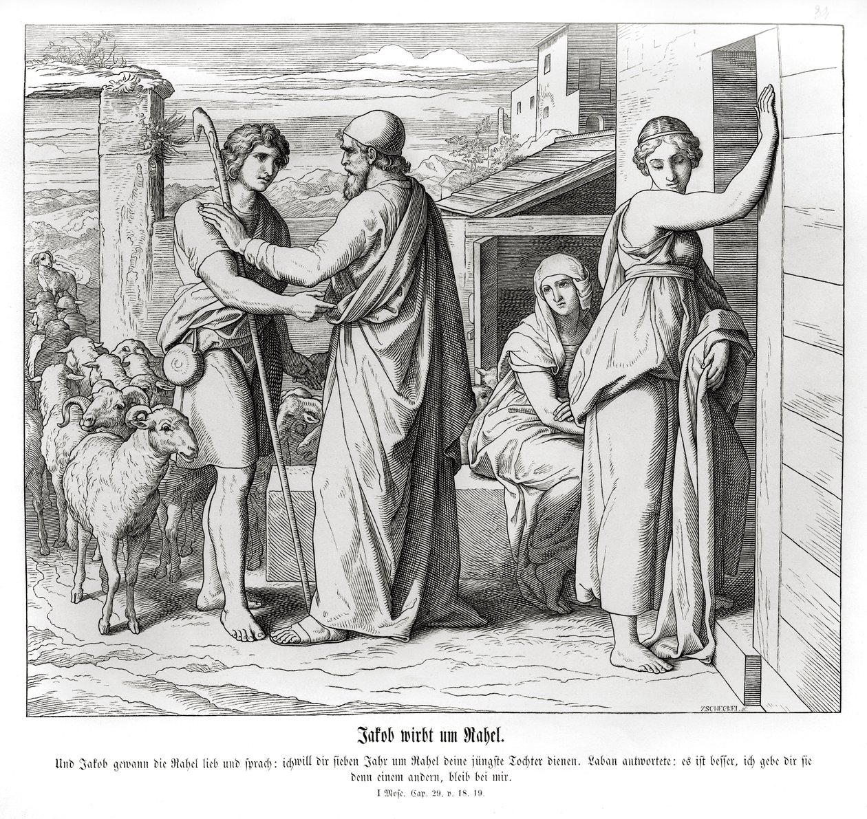 Jakob ber Laban om Rakel som sin kone, 1. Mosebok av Julius Schnorr von Carolsfeld