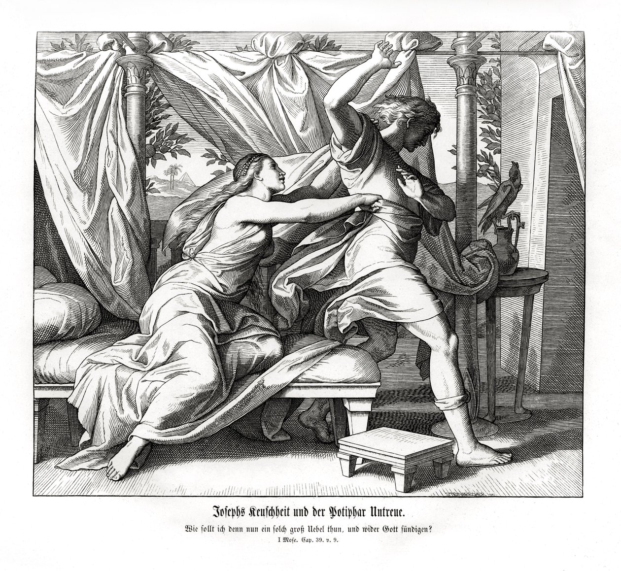 Josef nekter å ligge med Potifar, 1. Mosebok av Julius Schnorr von Carolsfeld